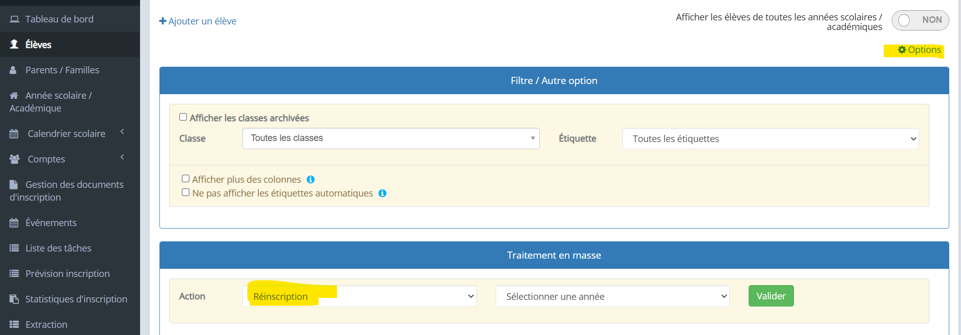 Action en masse réinscription