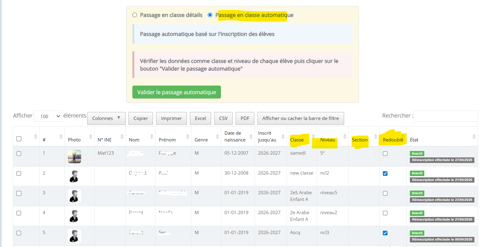 Capture écran validation passage en classe