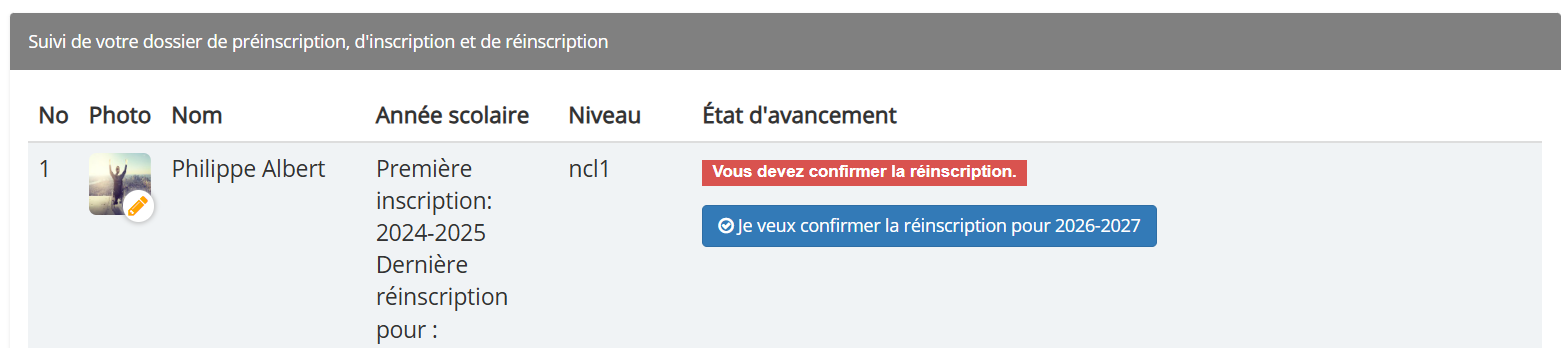 Bouton Confirmer la réinscription sur MyScol