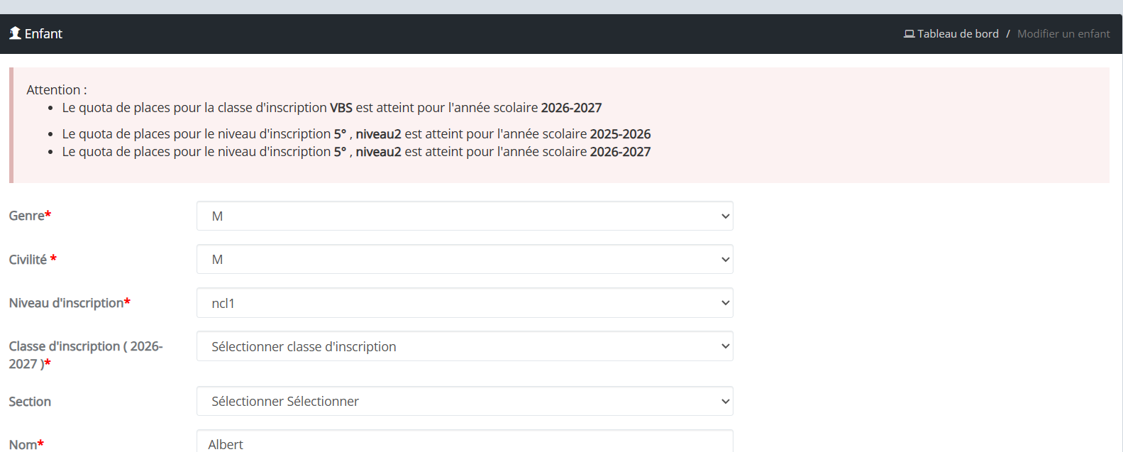 Formulaire de réinscription avec affichage des quotas atteints sur MyScol