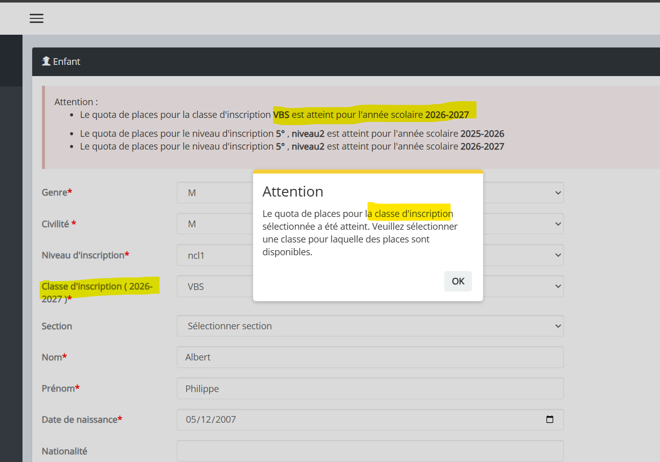 Alerte quota atteint lors de la sélection d'une classe sur MyScol